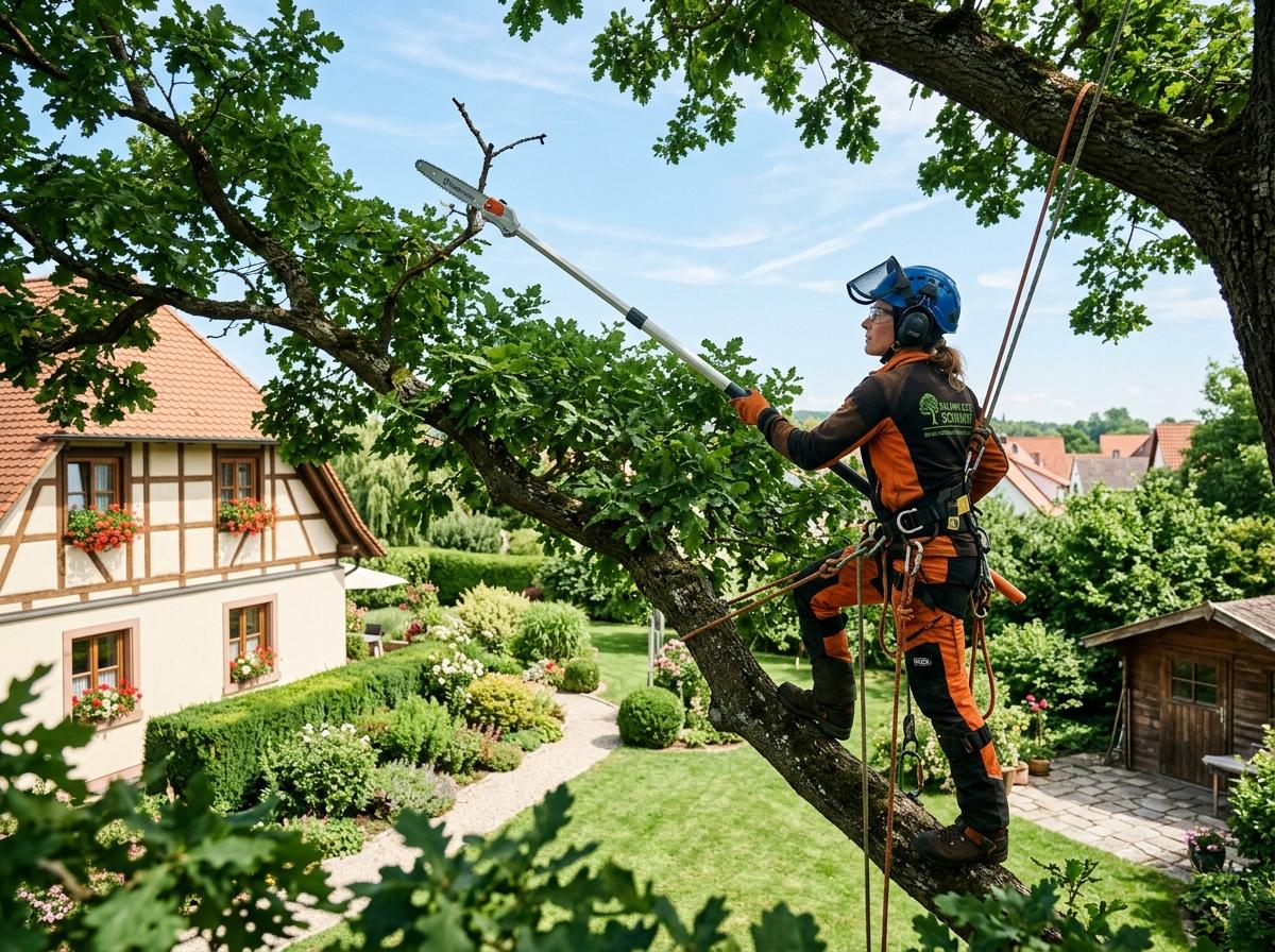 Arborist performing tree crown pruning in a private garden
