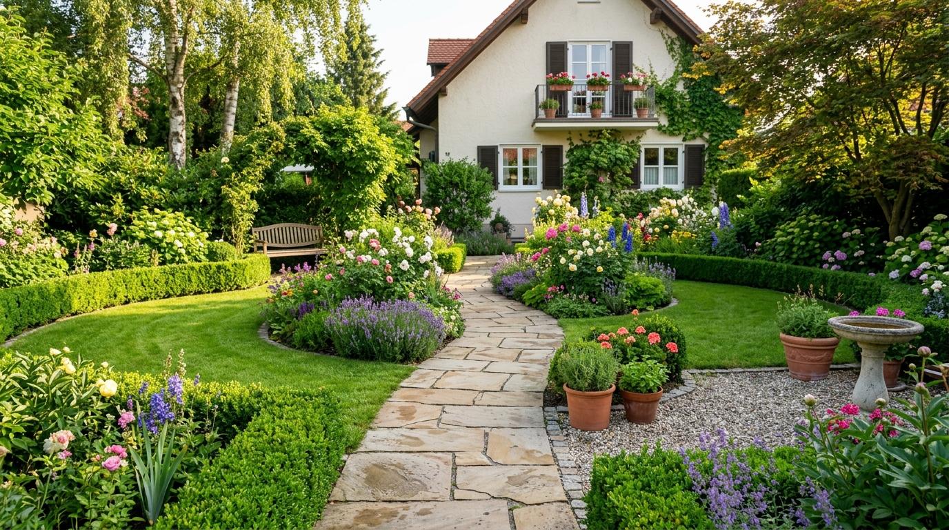 Professionally maintained garden with natural stone path and flowerbeds by Pacolli